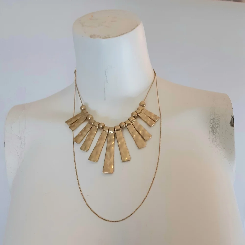 Hammered Gold-Tone Fan Bar Statement Necklace